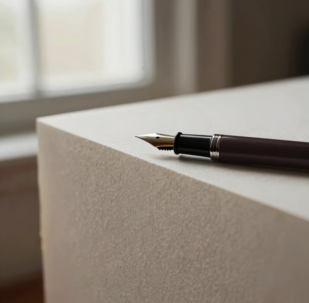 A fountain pen resting on a sheet of handmade paper
