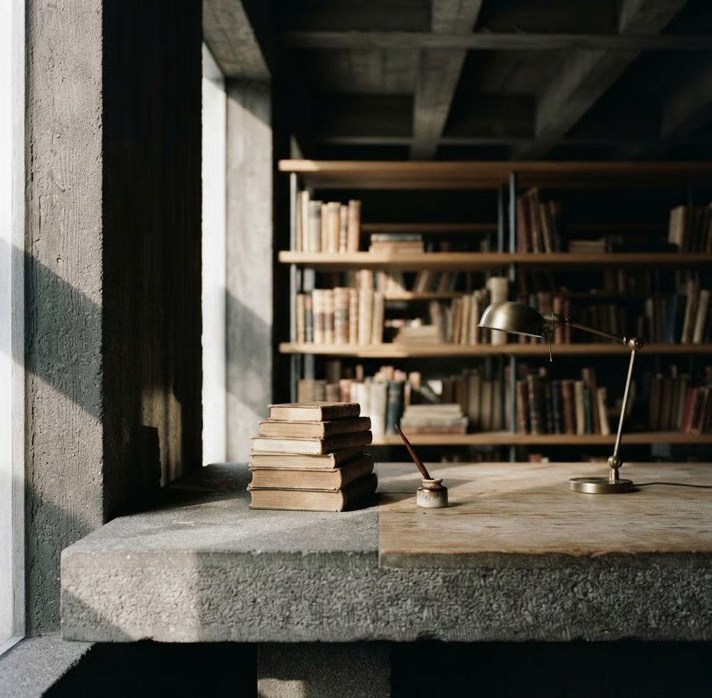 A quiet study with concrete architecture, tall bookshelves, and a brass desk lamp